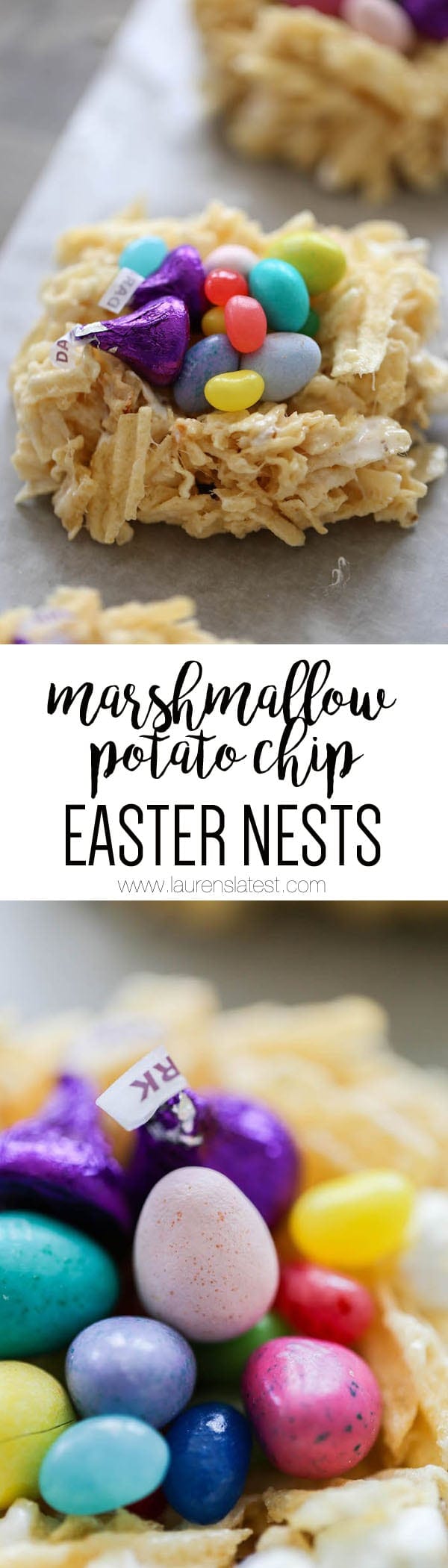 Marshmallow Potato Chip Easter Nests are treats you need in your life! Mix together melted butter, marshmallows and crushed chips to create these weird and wonderful Easter sweets!