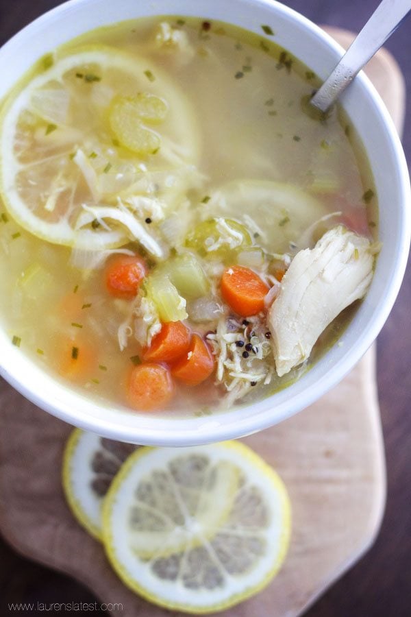 Top down view of Lemon Chicken Soup in a bowl with a spoon