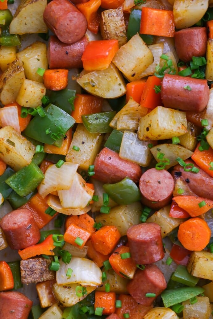 Roasted Veggie Hot Dog Hash - Lauren's Latest