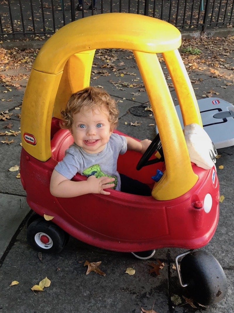Eddie in a toy car