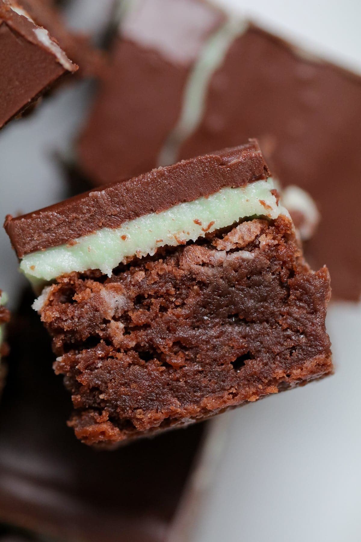 A close up of a mint brownie