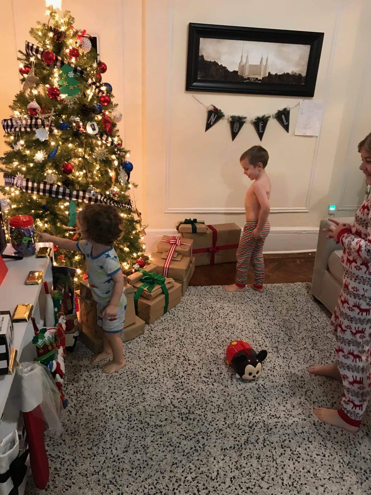 A group of people in a living room with a christmas tree