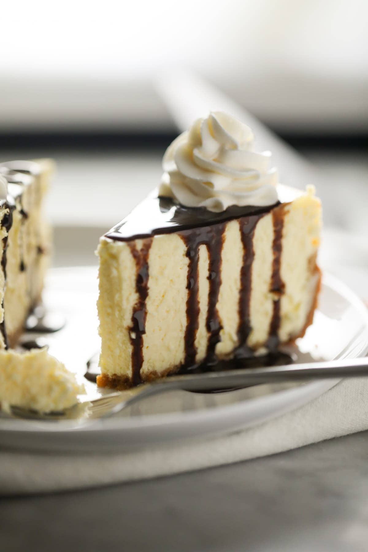Slice of Cheesecake with Chocolate Sauce and whipped cream