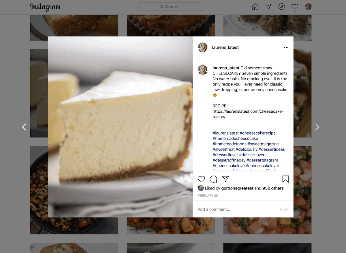 Cheesecake on instagram screenshot