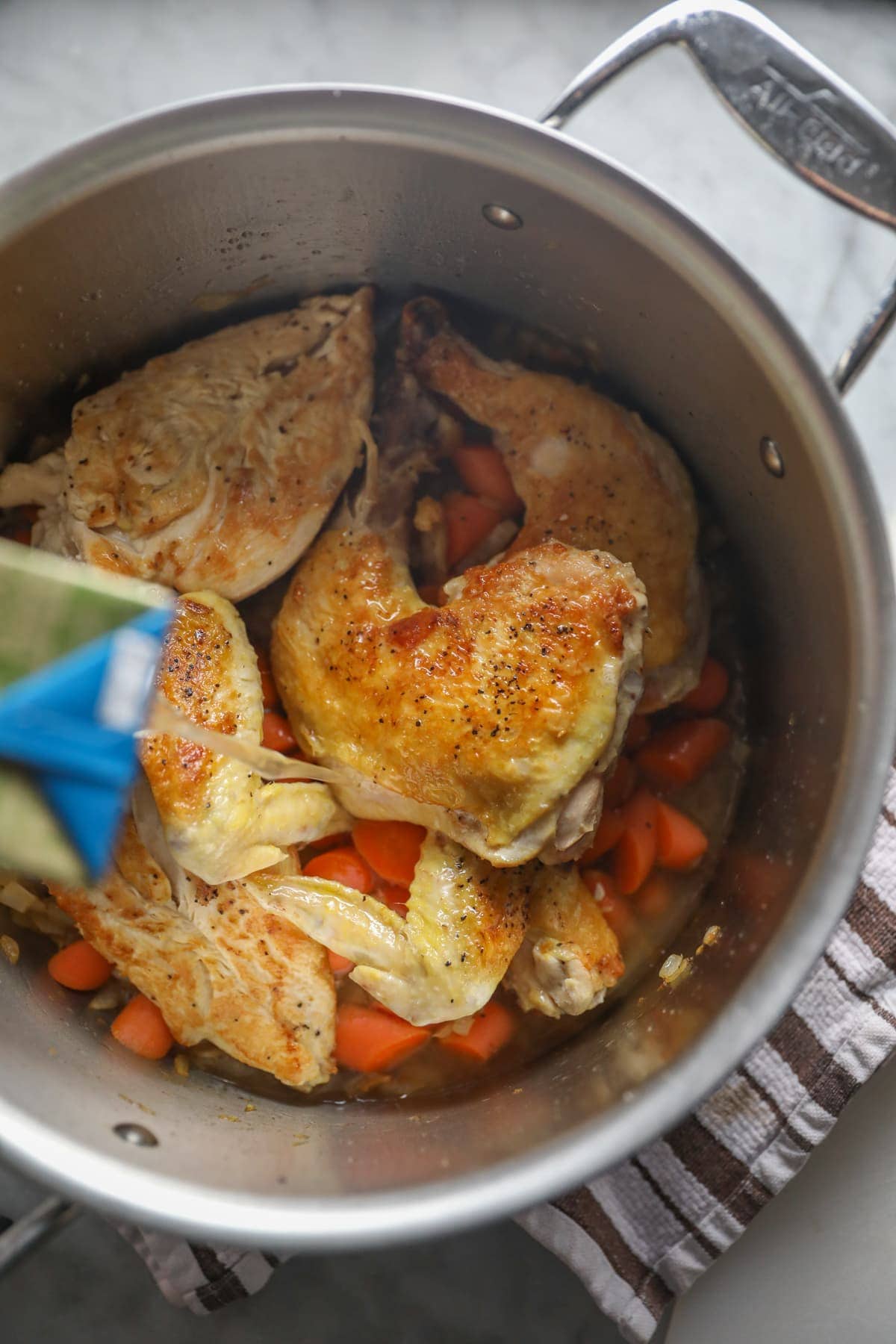 Chicken, carrots, and onions in a pot on the stove