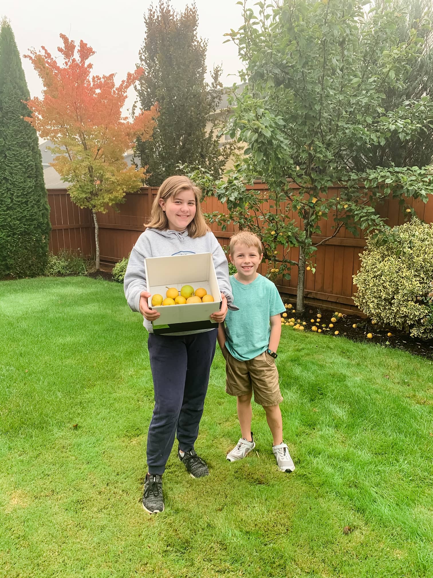 boy and girl holding box of asian pears