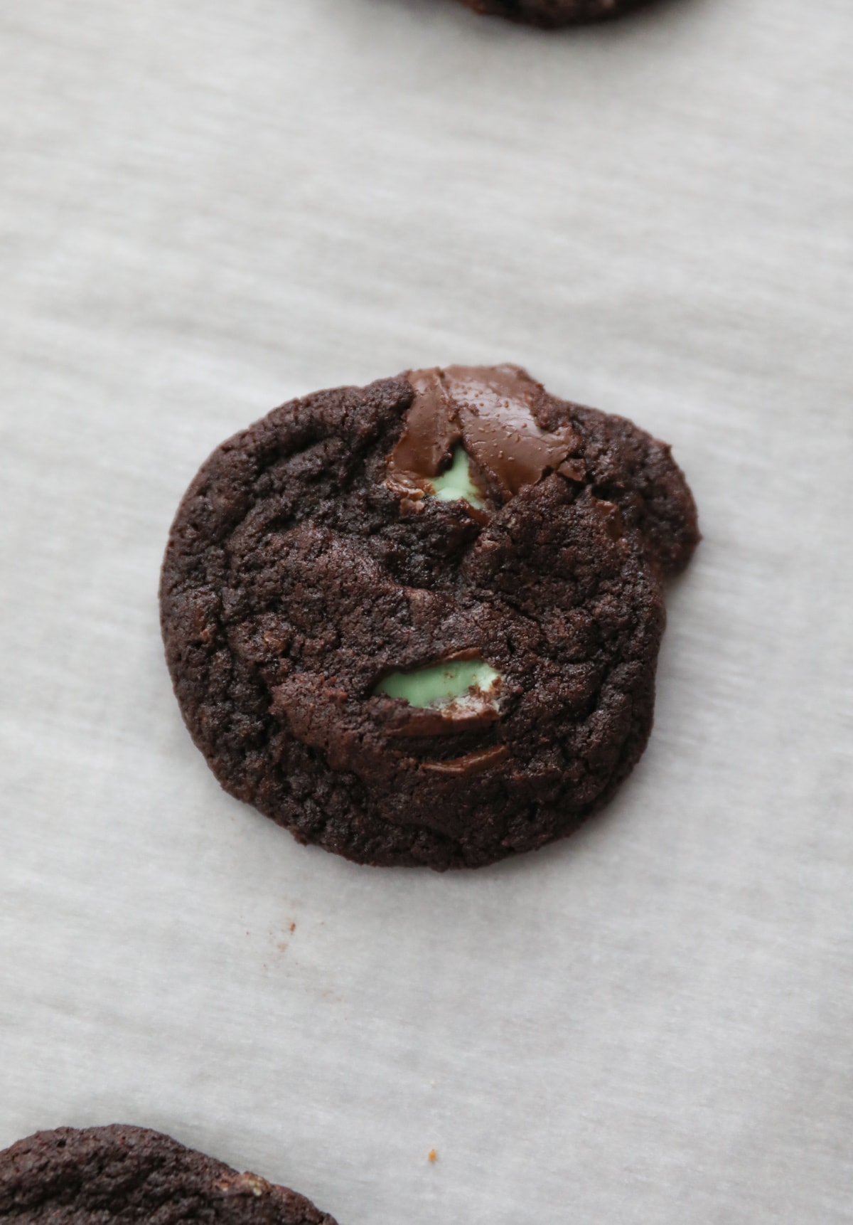 mint chocolate cookie on baking sheet