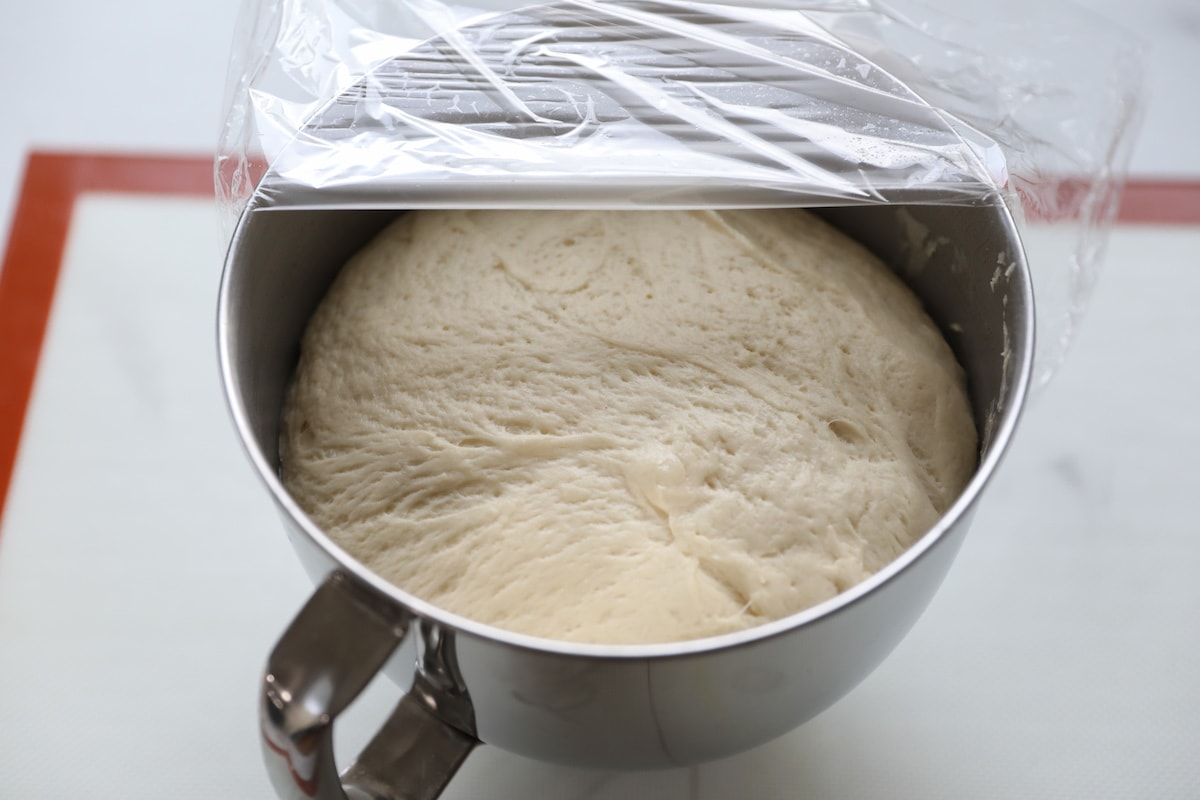 risen dough in metal bowl