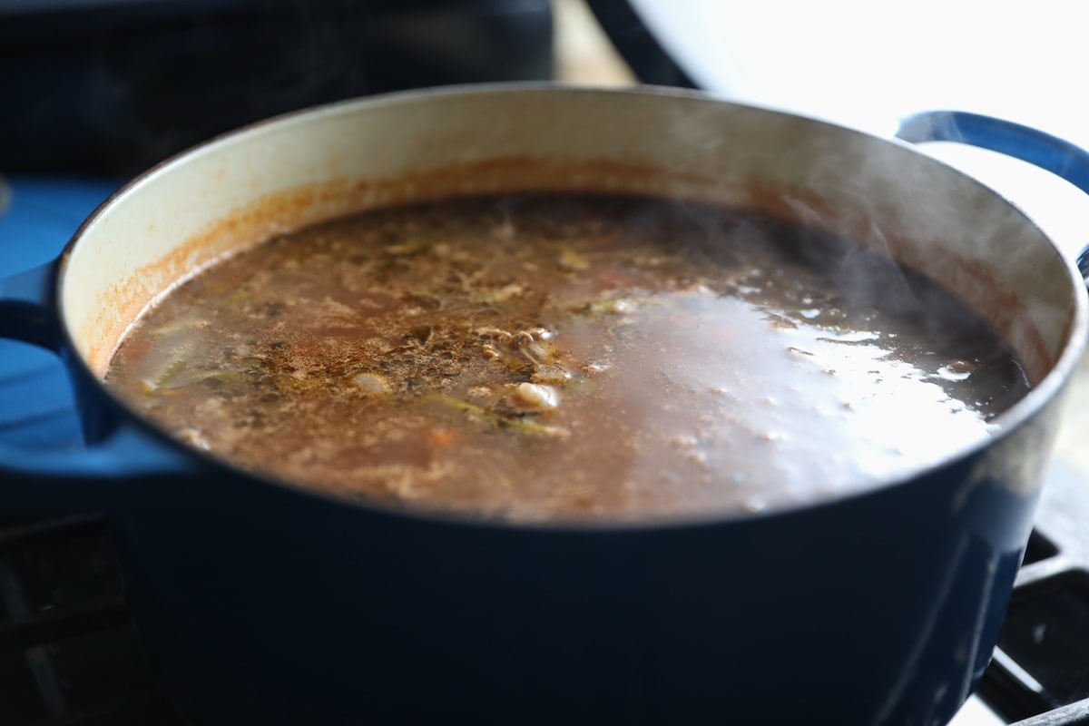 pot of beef vegetable soup on stove