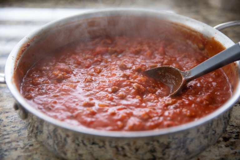 hot baked ziti sauce in deep skillet
