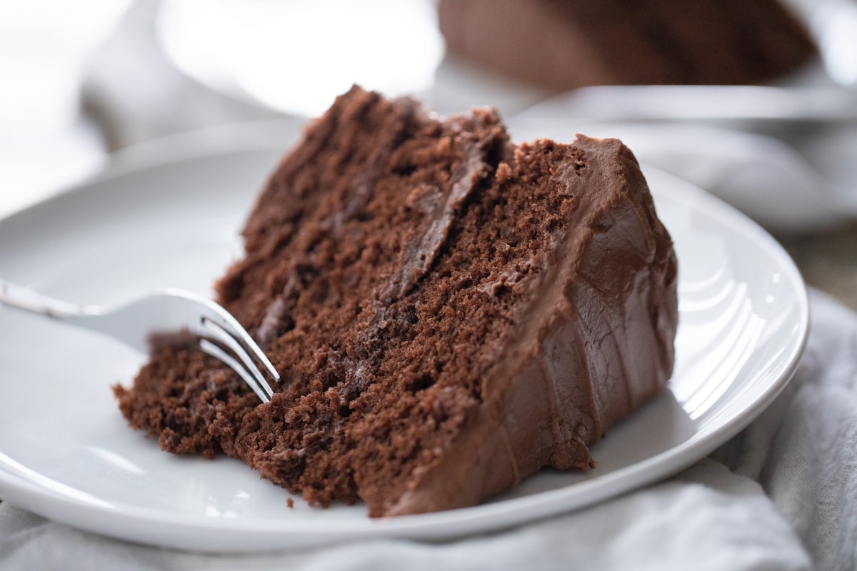 slice of chocolate cake with fork taking a piece