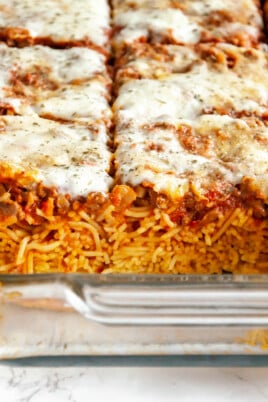 sliced baked spaghetti in a glass baking dish