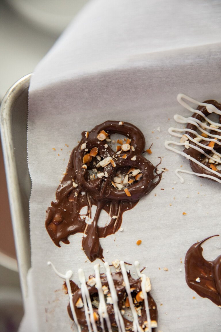 crushed pretzels on top of chocolate covered pretzel