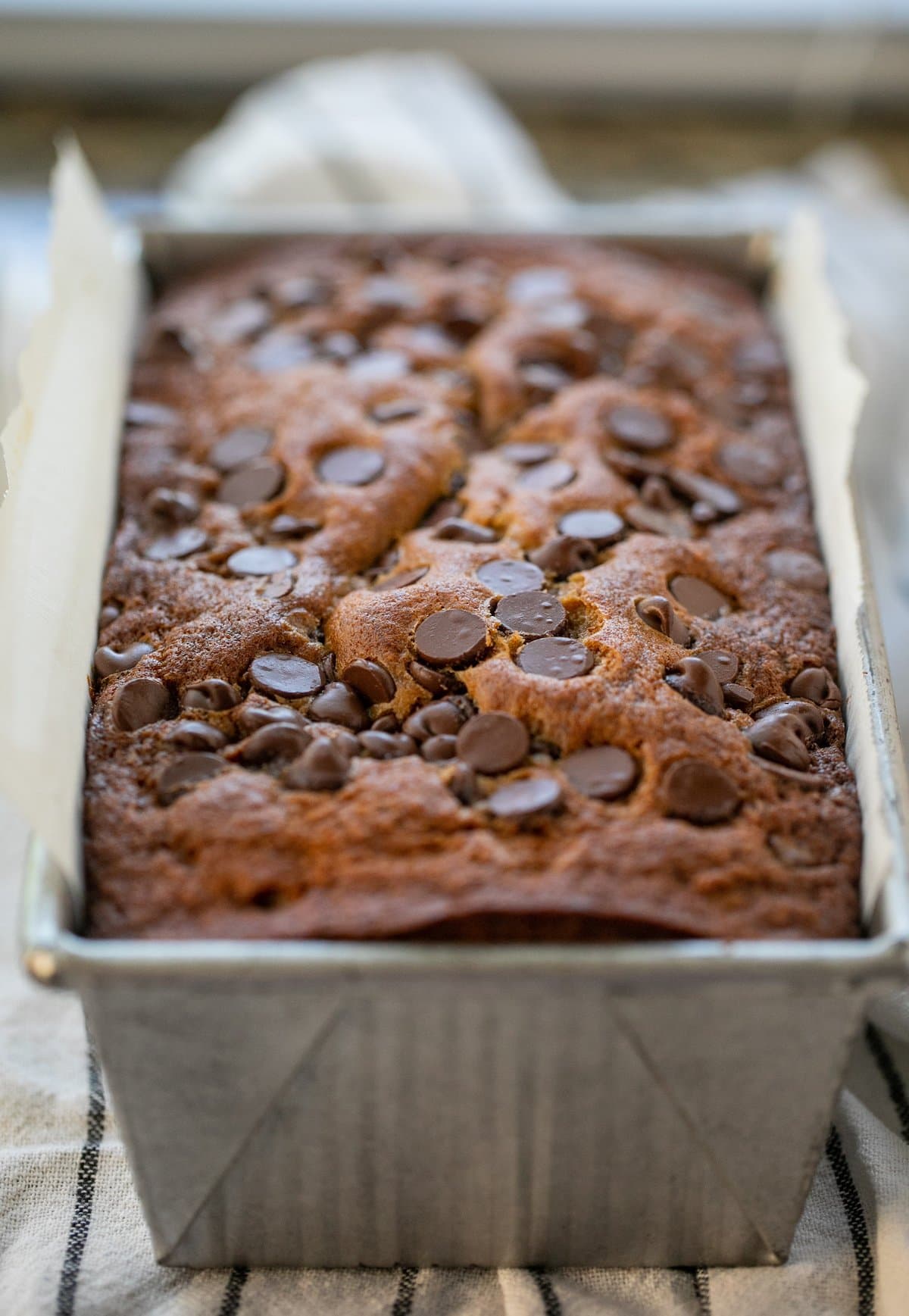 chocolate chip banana bread in loaf pan