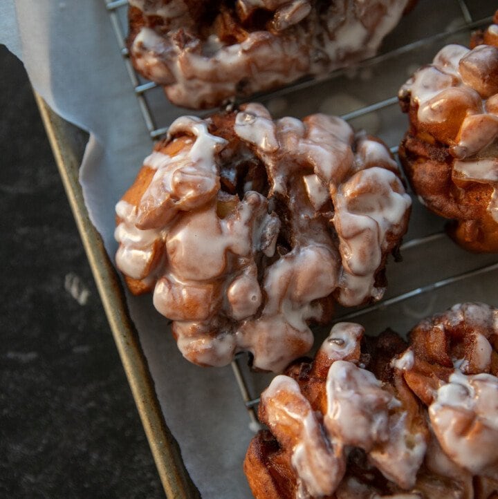 top down view of glazed apple fritters