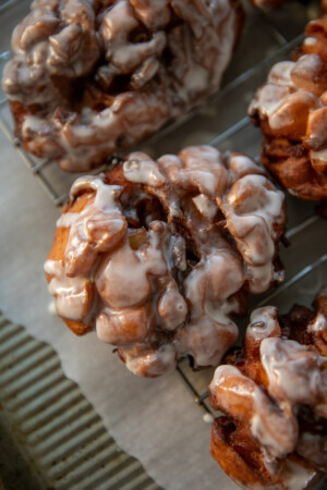 top down view of glazed apple fritter