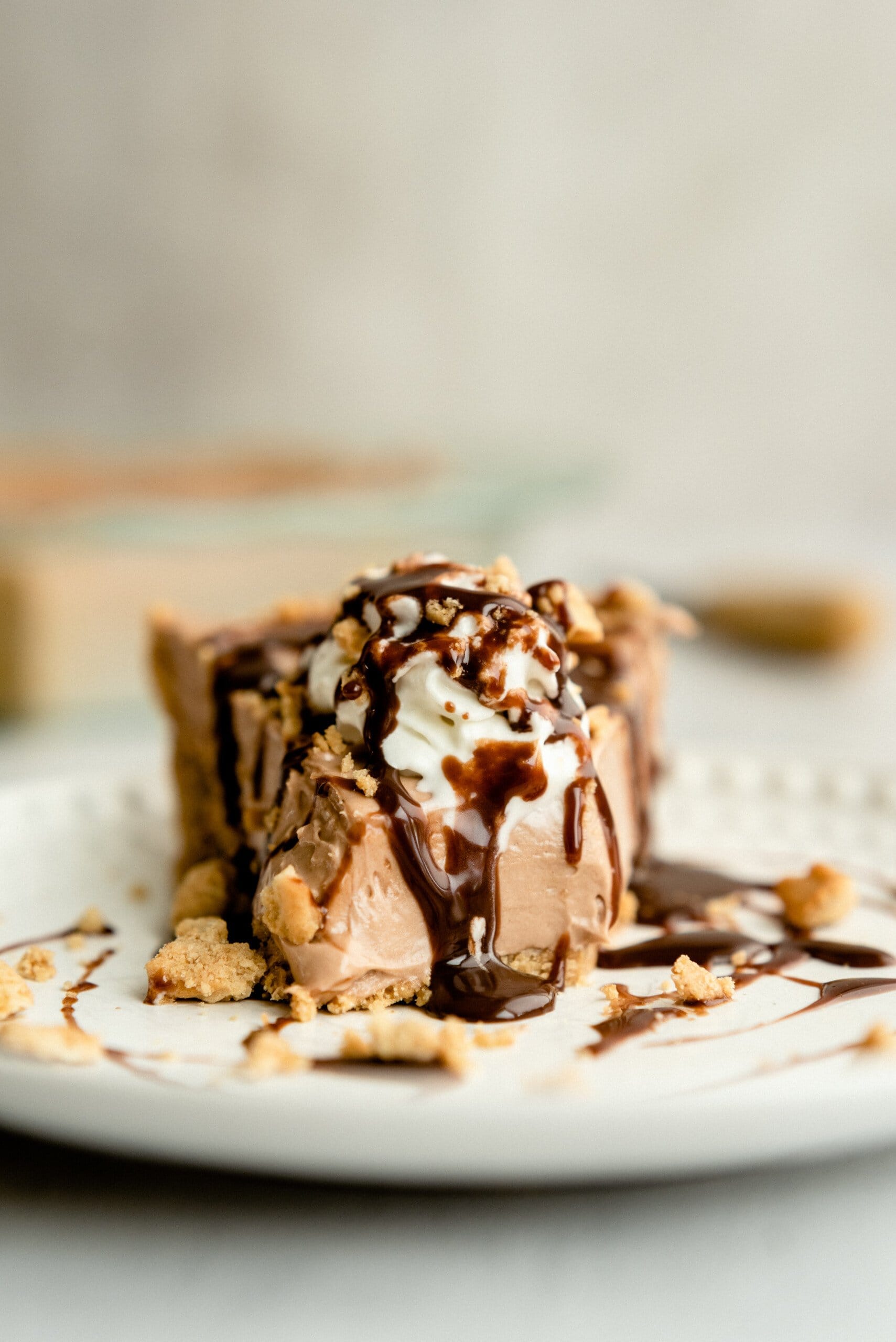 straight forward view of a slice of no bake nutella pie