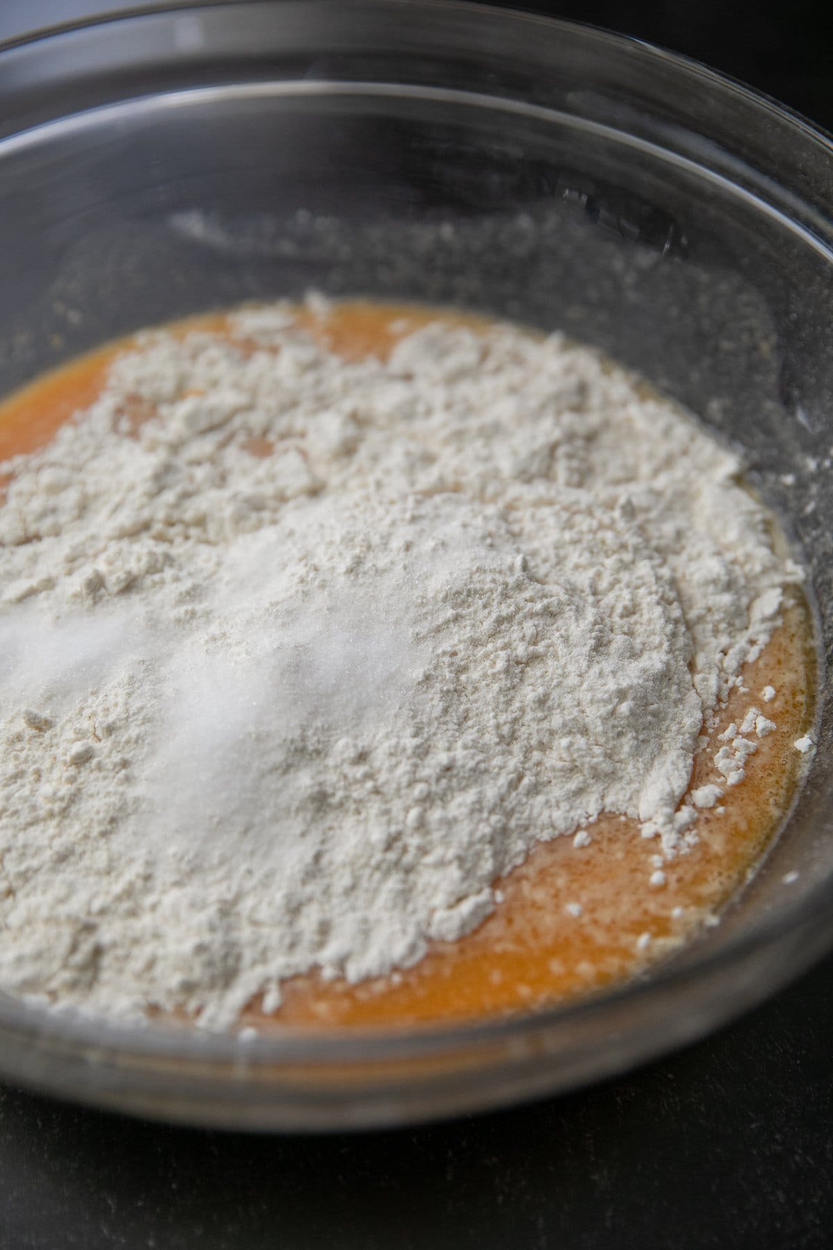 flour added to wet ingredients, unmixed