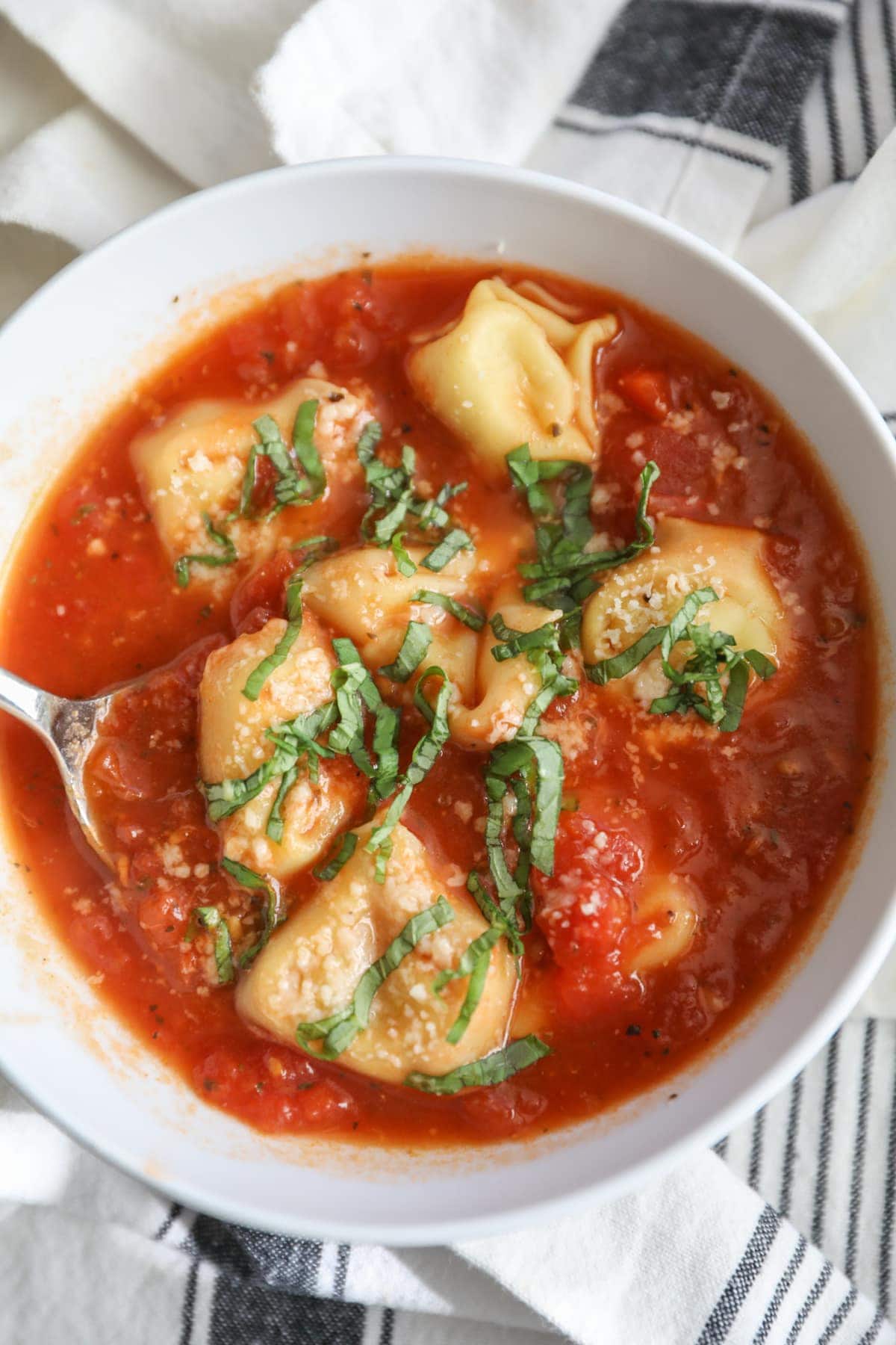 tortellini soup in bowl
