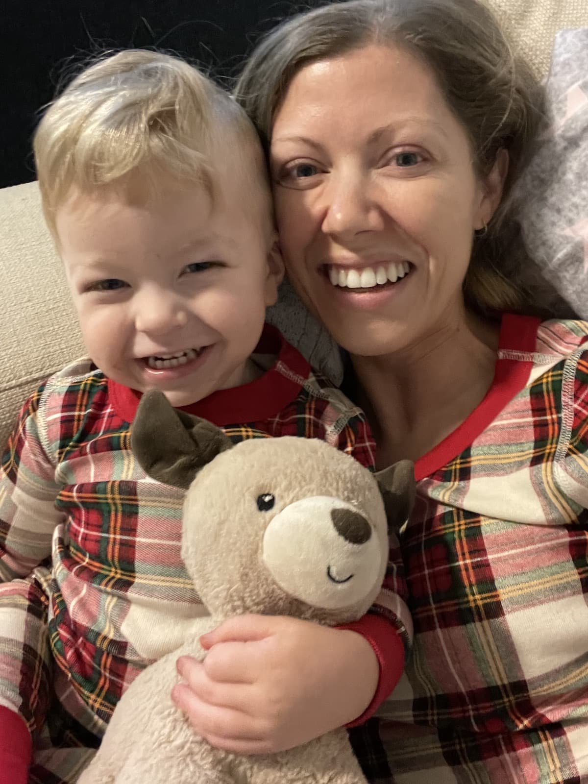 mom and toddler in christmas pajamas