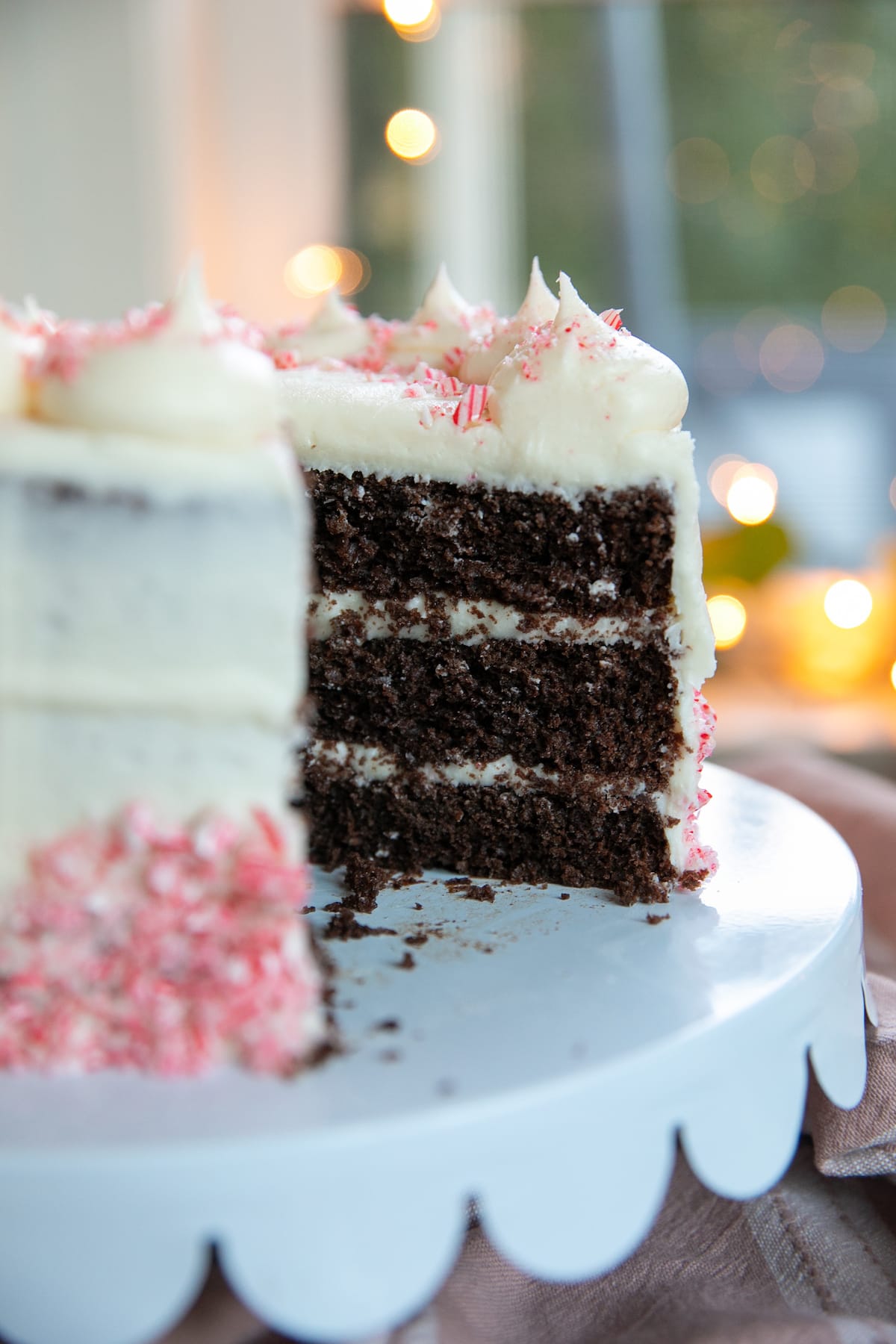 slice missing from chocolate candy cane cake