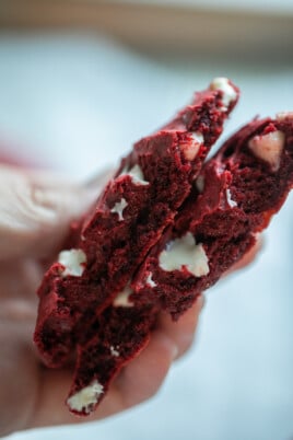red velvet cookie cut in half