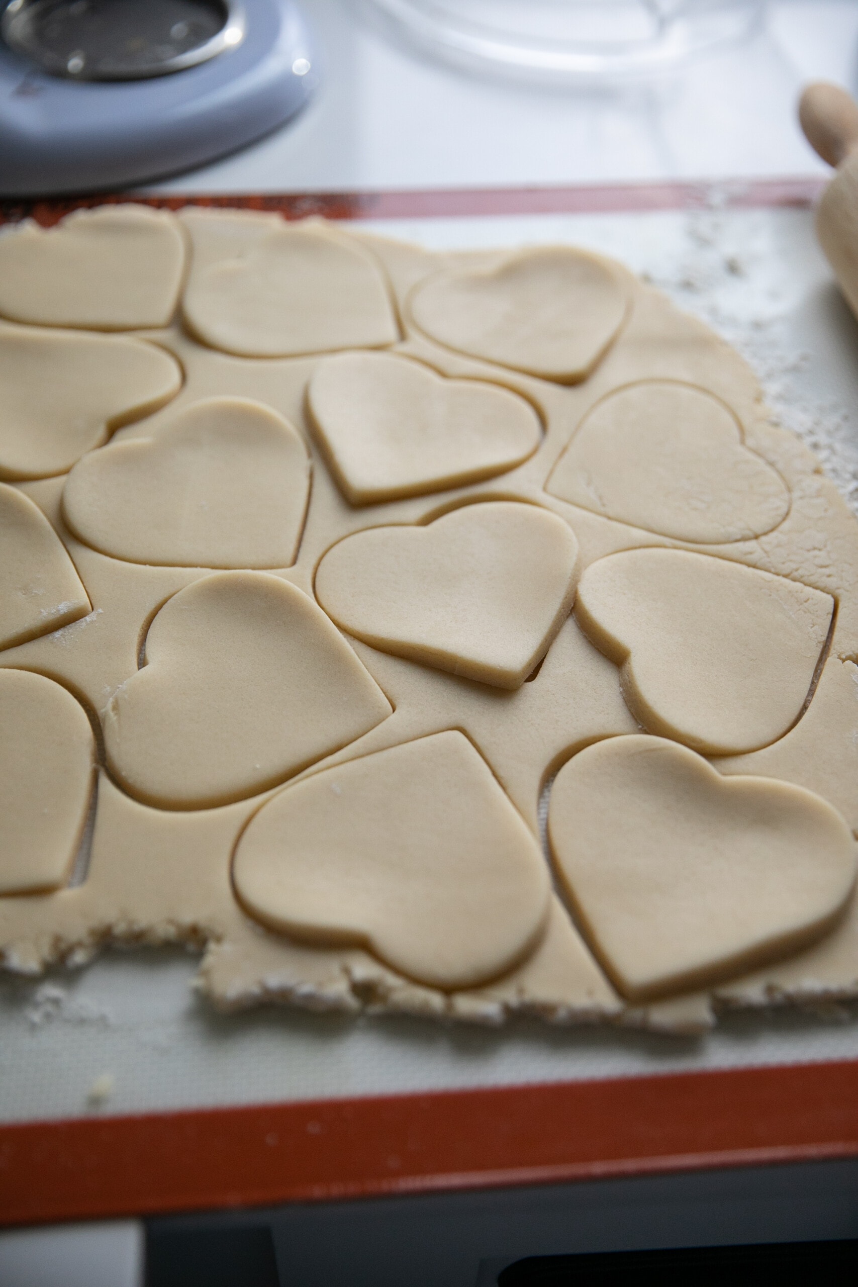 hearts cut out of the sugar cookie dough