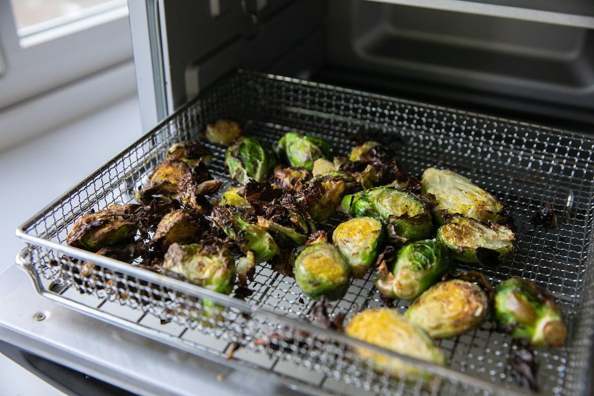 air fried brussels sprouts in air fryer basket