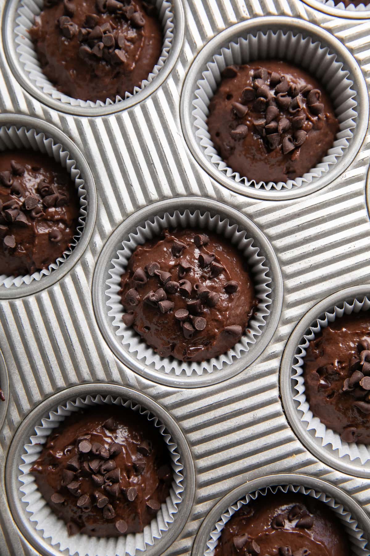 chocolate muffin batter in tins