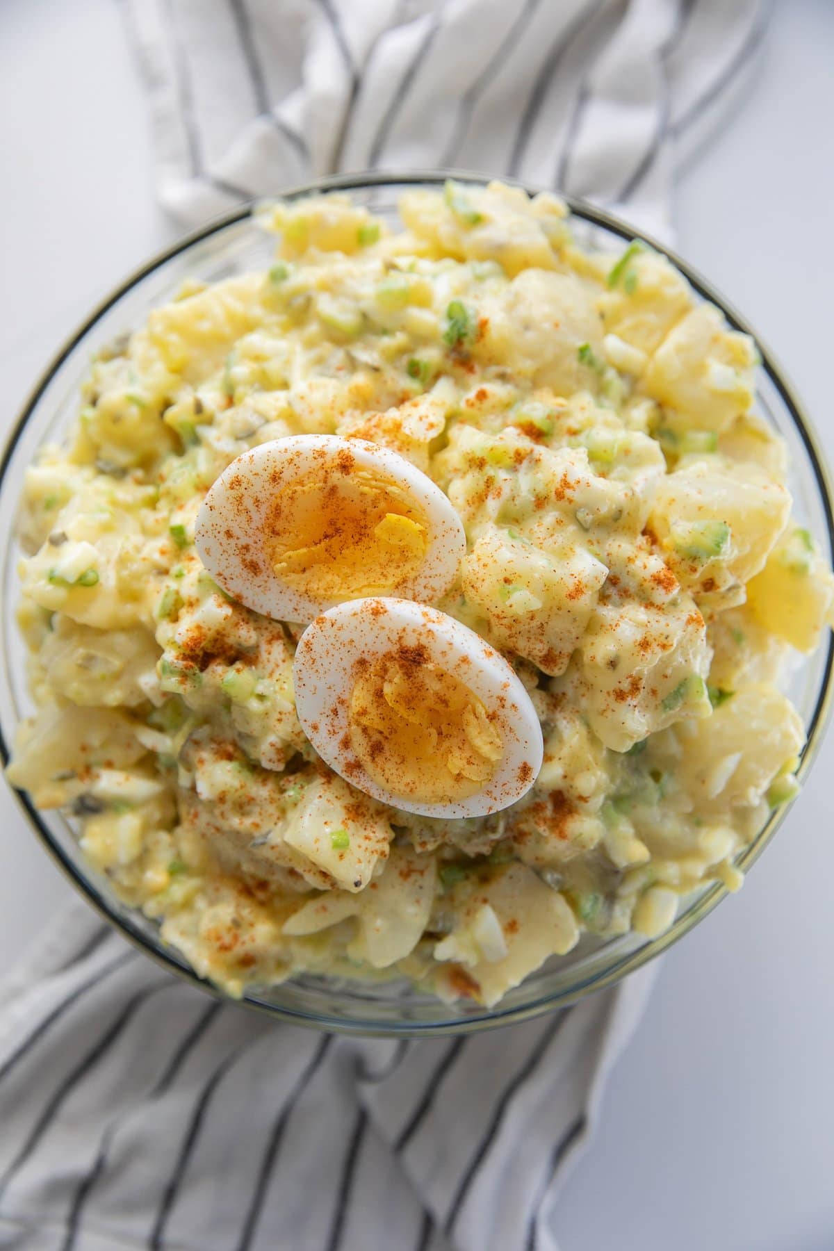 deviled egg potato salad in bowl