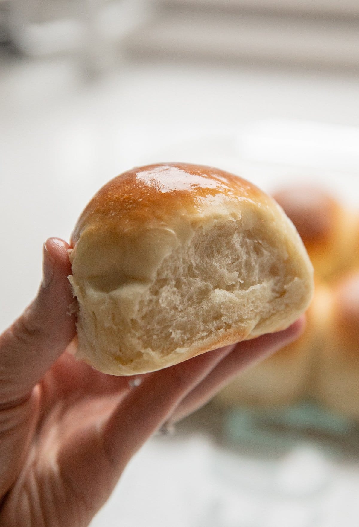 close up of a dinner roll in hand