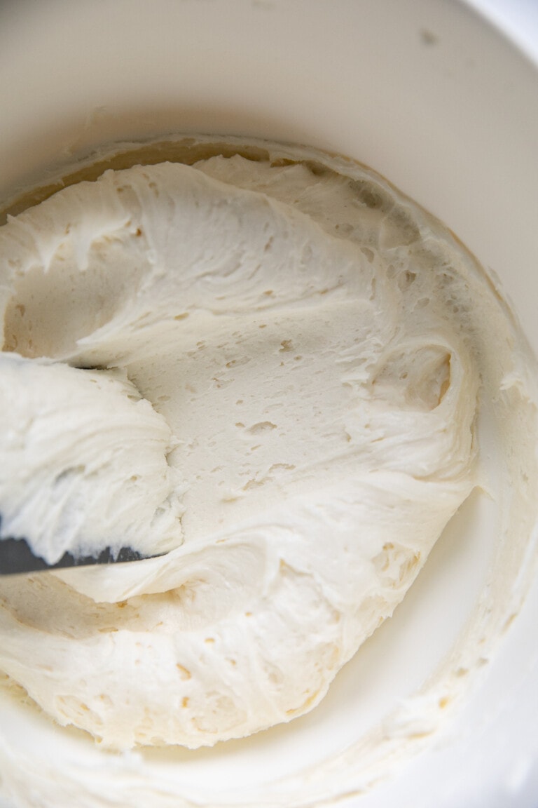 coconut buttercream frosting in a metal bowl