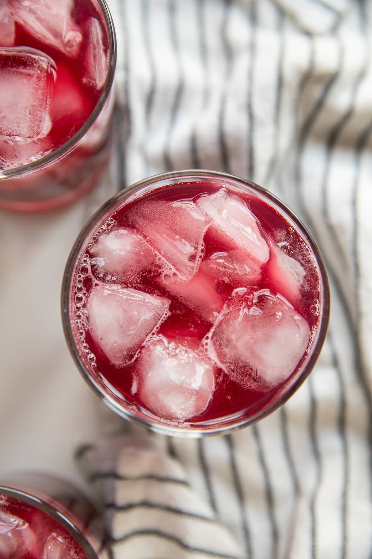 top down view of fruit punch in a glass with ice