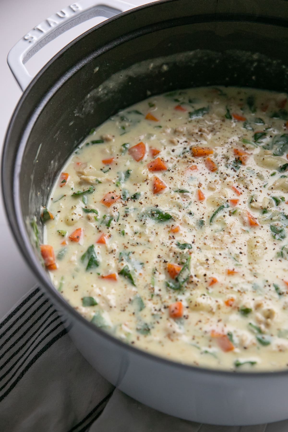 creamy chicken gnocchi soup in pot