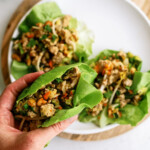 hand holding cashew-chicken-lettuce-wraps on white plate