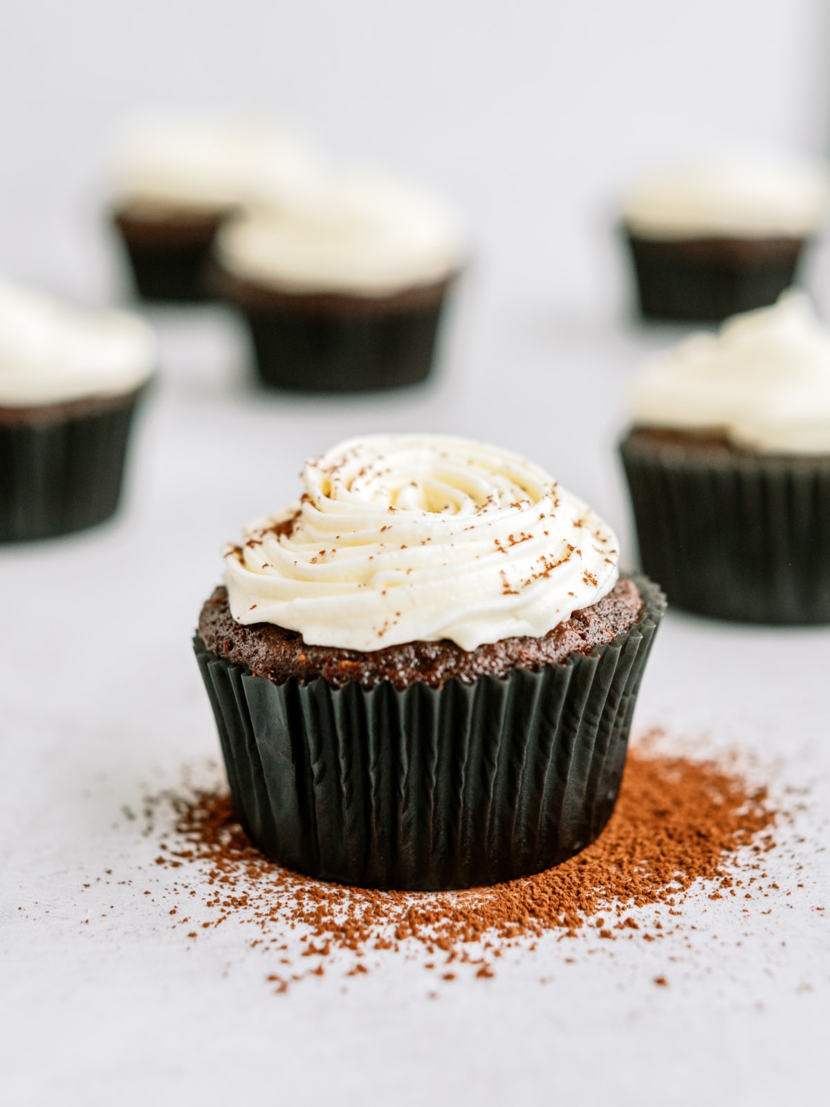 chocolate-cupcakes-with-vanilla-frosting with cocoa powder
