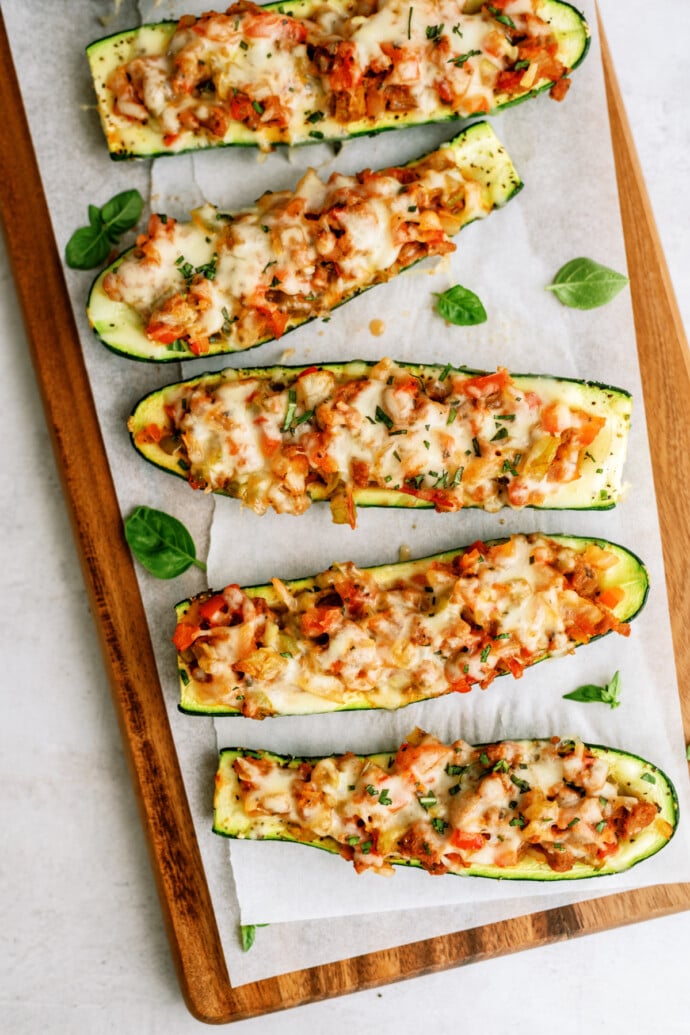 Sausage and Peppers Stuffed Zucchini Boats - Lauren's Latest
