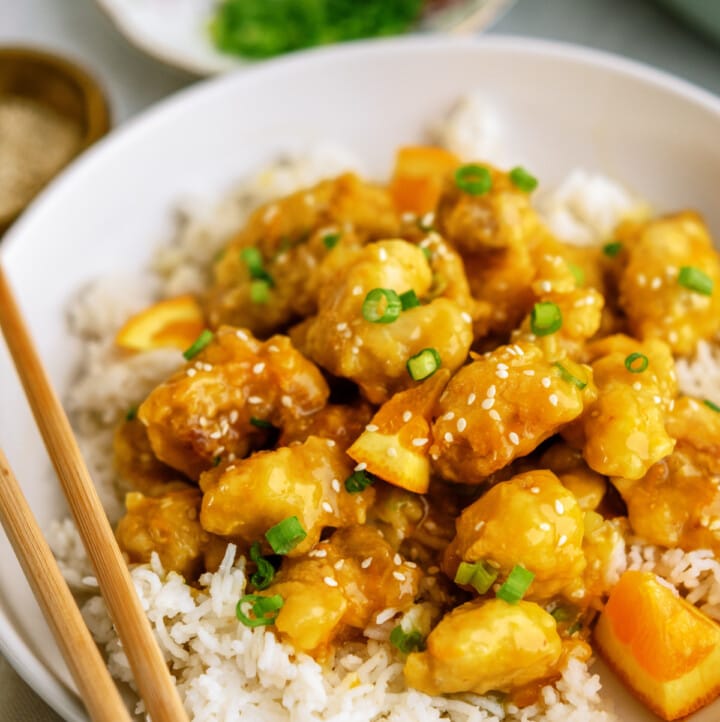 orange chicken on white rice