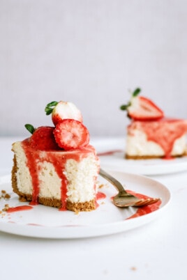 slice of strawberry-cheesecake on plate