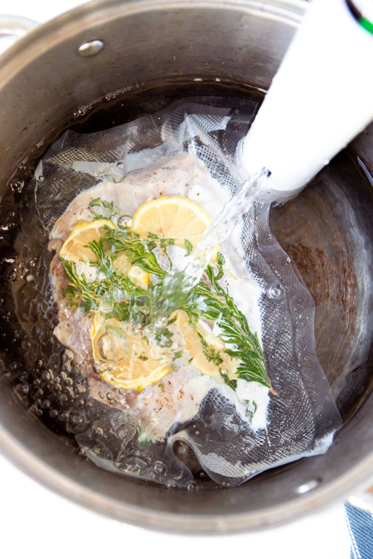 Chicken Breast in vacuumed sealed bag with lemons and herbs in pot with sous vide machine