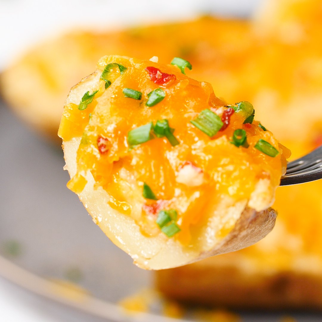 twice baked potatoes on fork