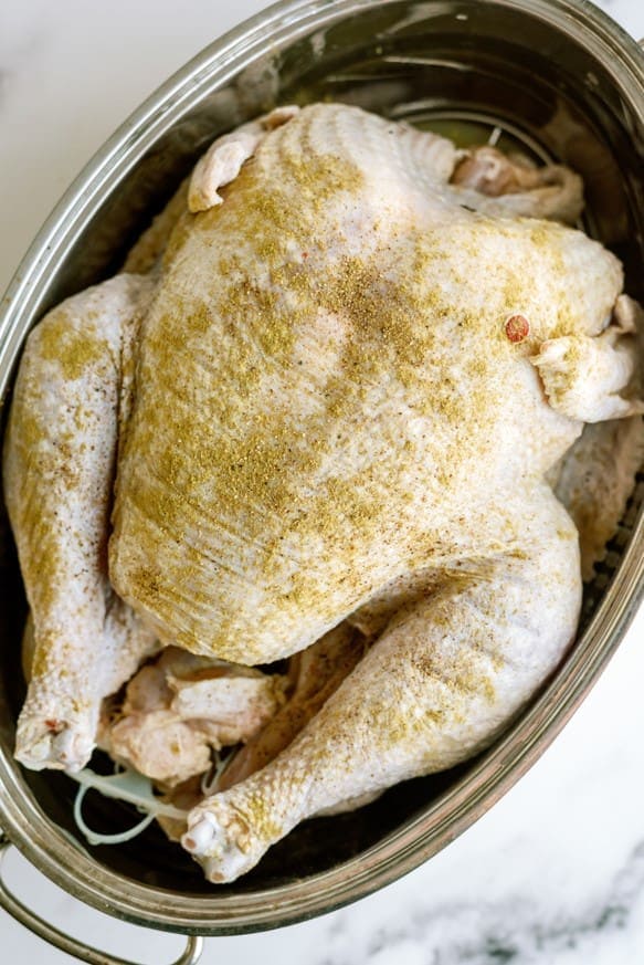 raw turkey in roasting pan