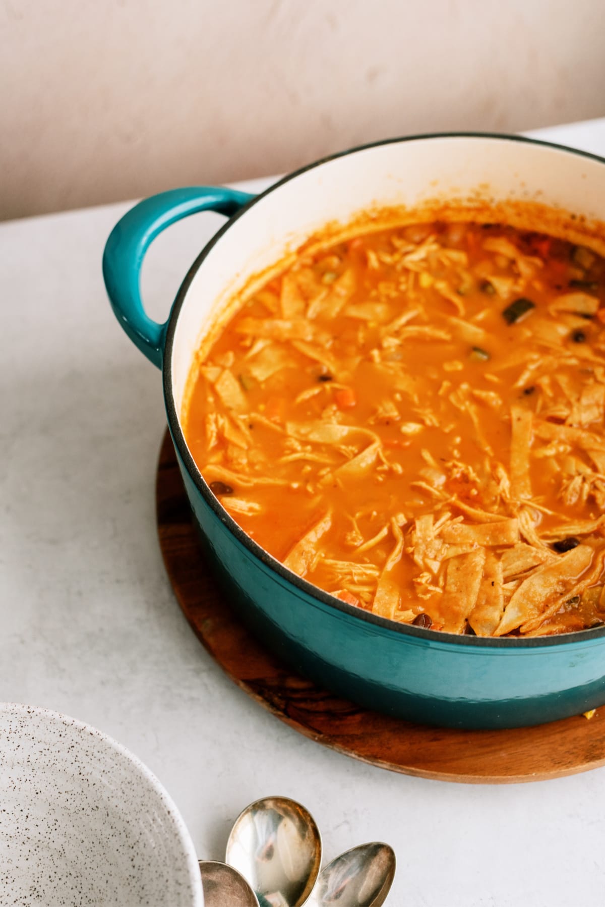 Chicken tortilla soup in a pot