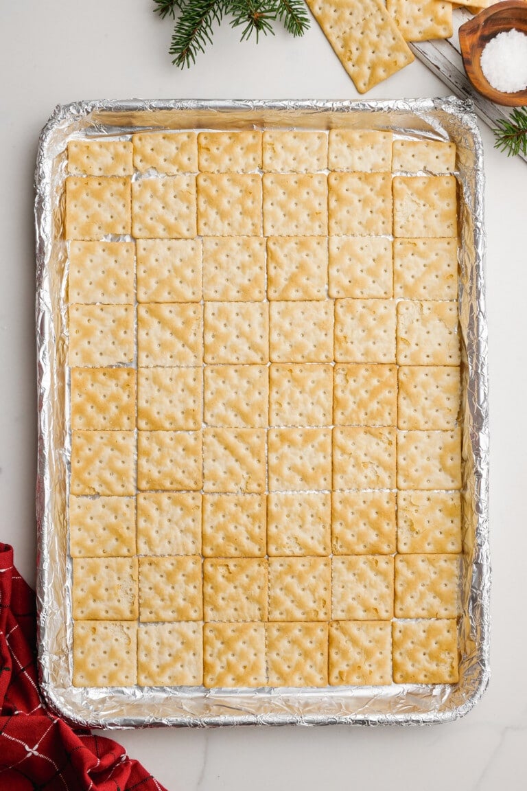 christmas crack crackers on baking sheet