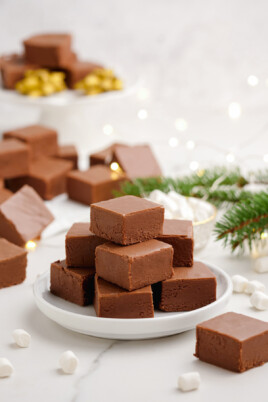 stacked fudge in cubes on a plate