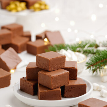 stacked fudge in cubes on a plate