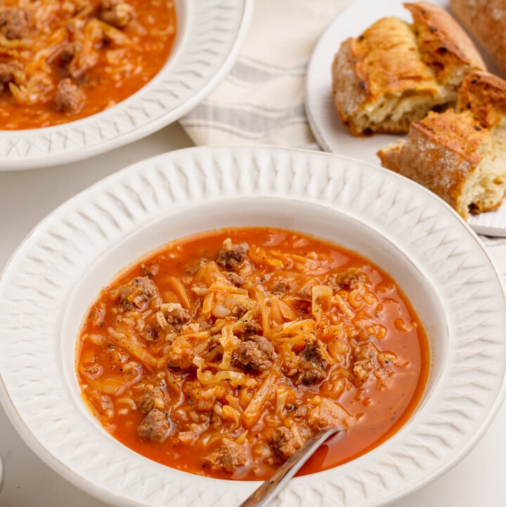 cabbage-roll-soup-in serving bowl with spoon