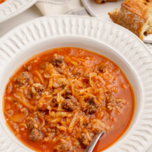 cabbage-roll-soup-in serving bowl with spoon