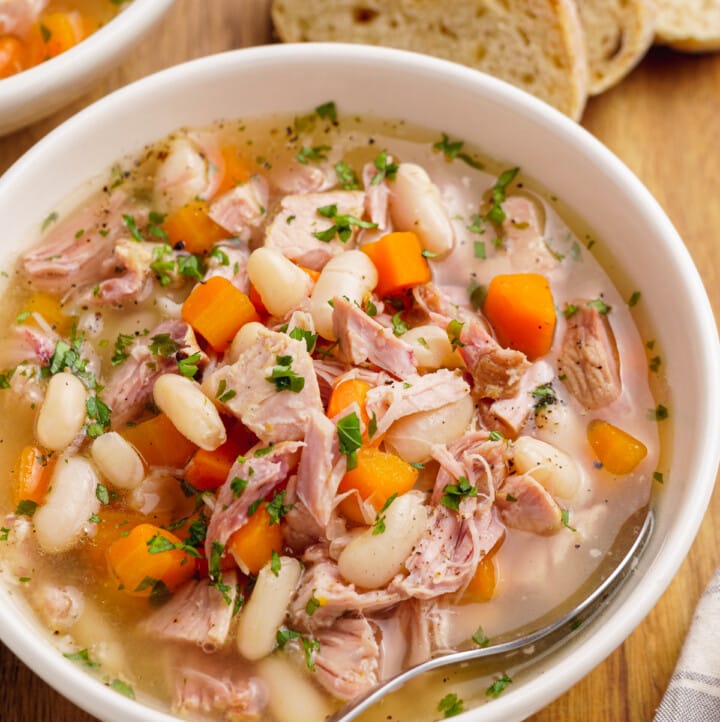 ham and bean soup in bowl with spoon