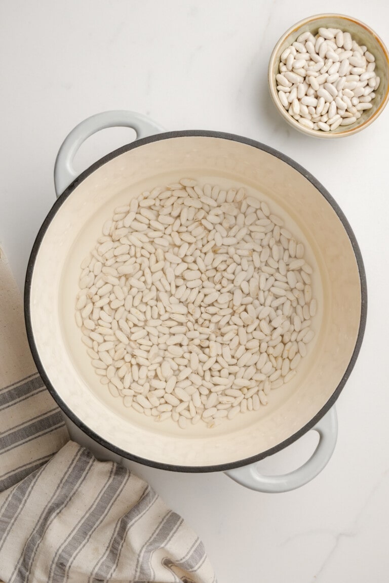 navy beans soaking in water in a pot